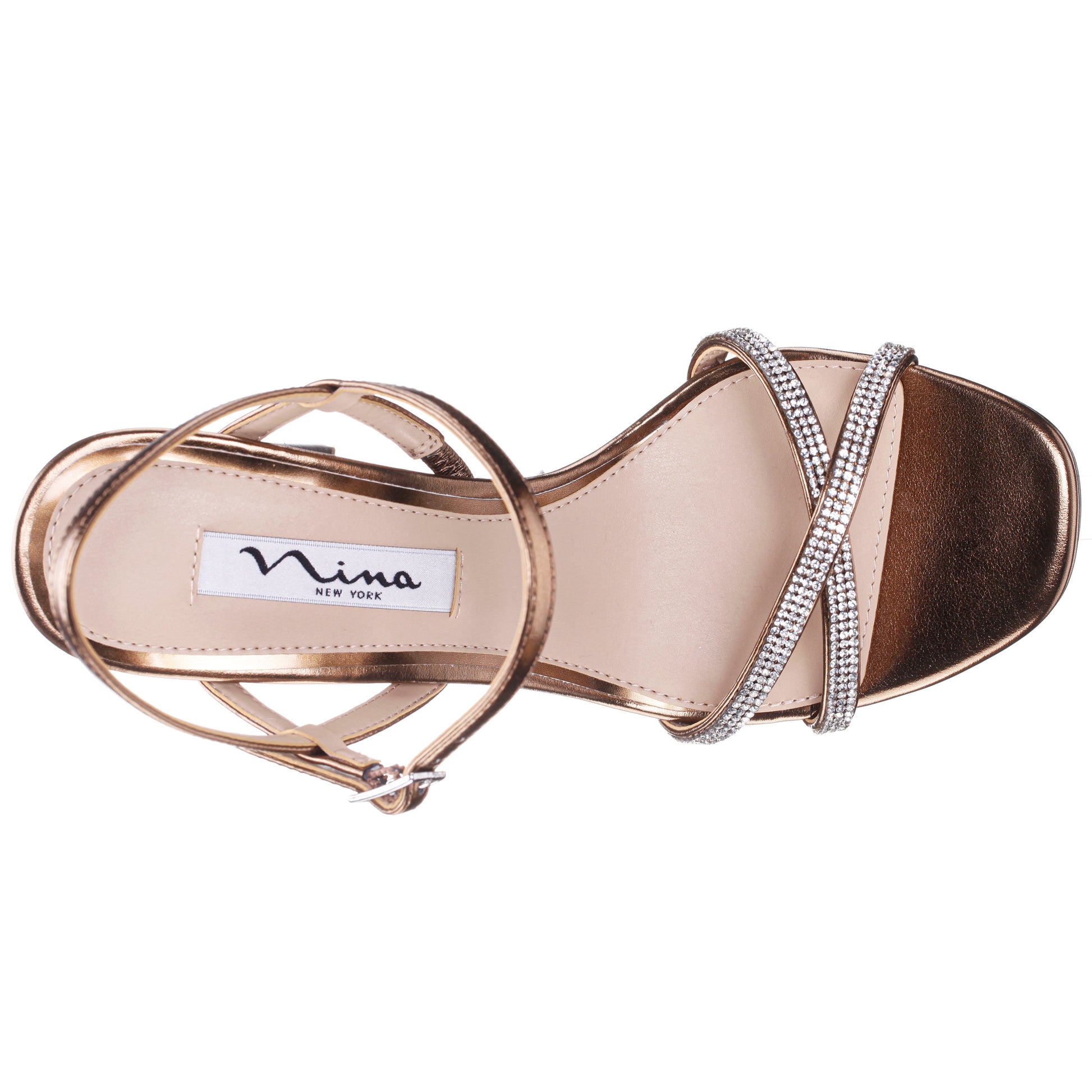 Steven Brown Metallic Foil with Crystal X-Band Block-Heel Platform Sandals with Ankle-Strap | Nina Shoes