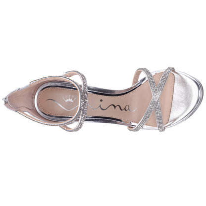 Ryann Silver Metallic Foil with Clear Crystals High-Heel Platform Sandals with Back Zip | Nina Shoes