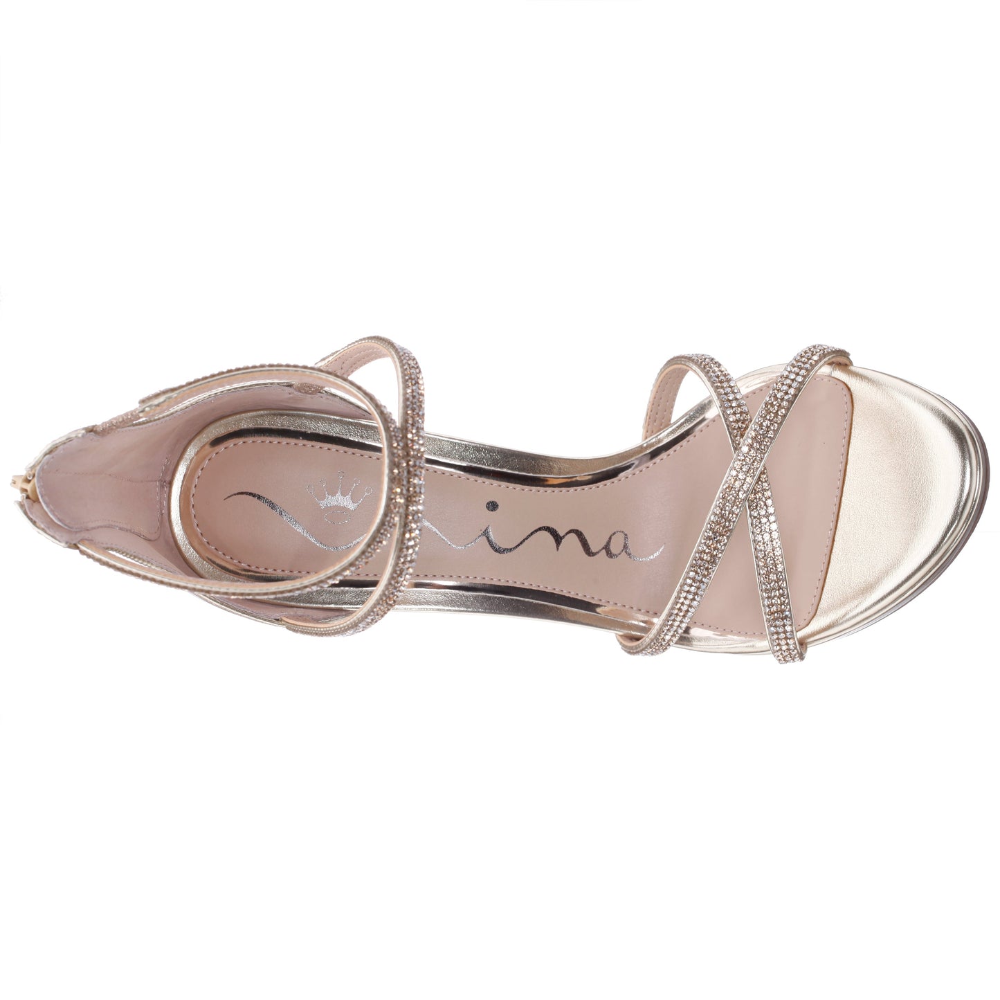 Ryann Platino Metallic Foil with Clear Crystals High-Heel Platform Sandals with Back Zip | Nina Shoes