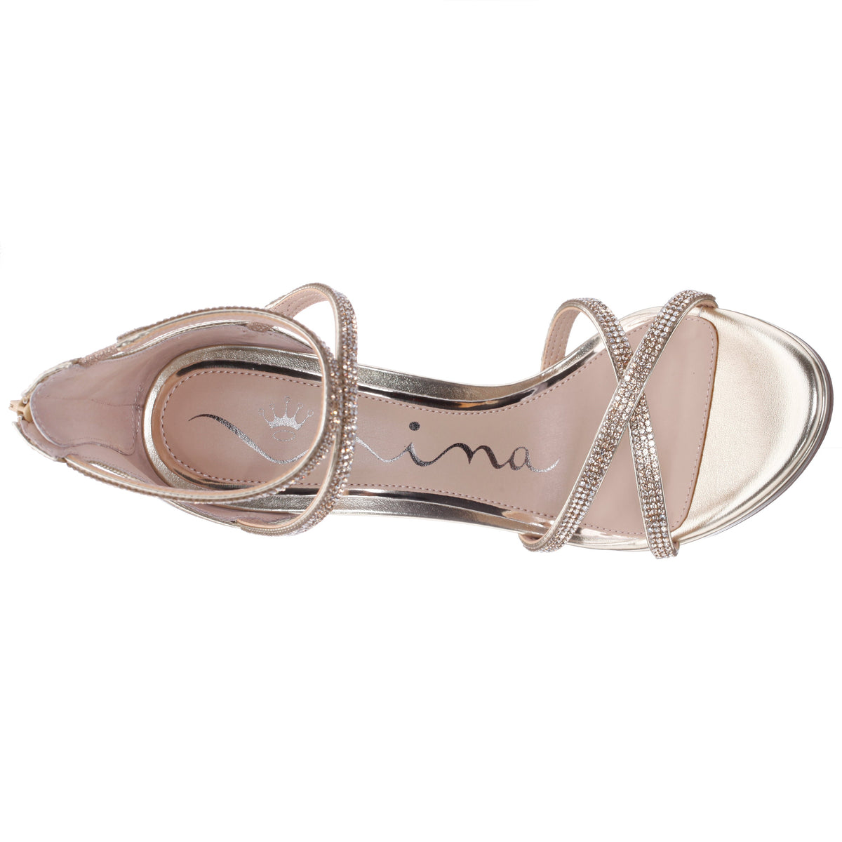 Ryann Platino Metallic Foil with Clear Crystals High-Heel Platform Sandals with Back Zip | Nina Shoes