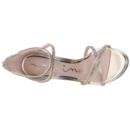 Ryann Platino Metallic Foil with Clear Crystals High-Heel Platform Sandals with Back Zip | Nina Shoes