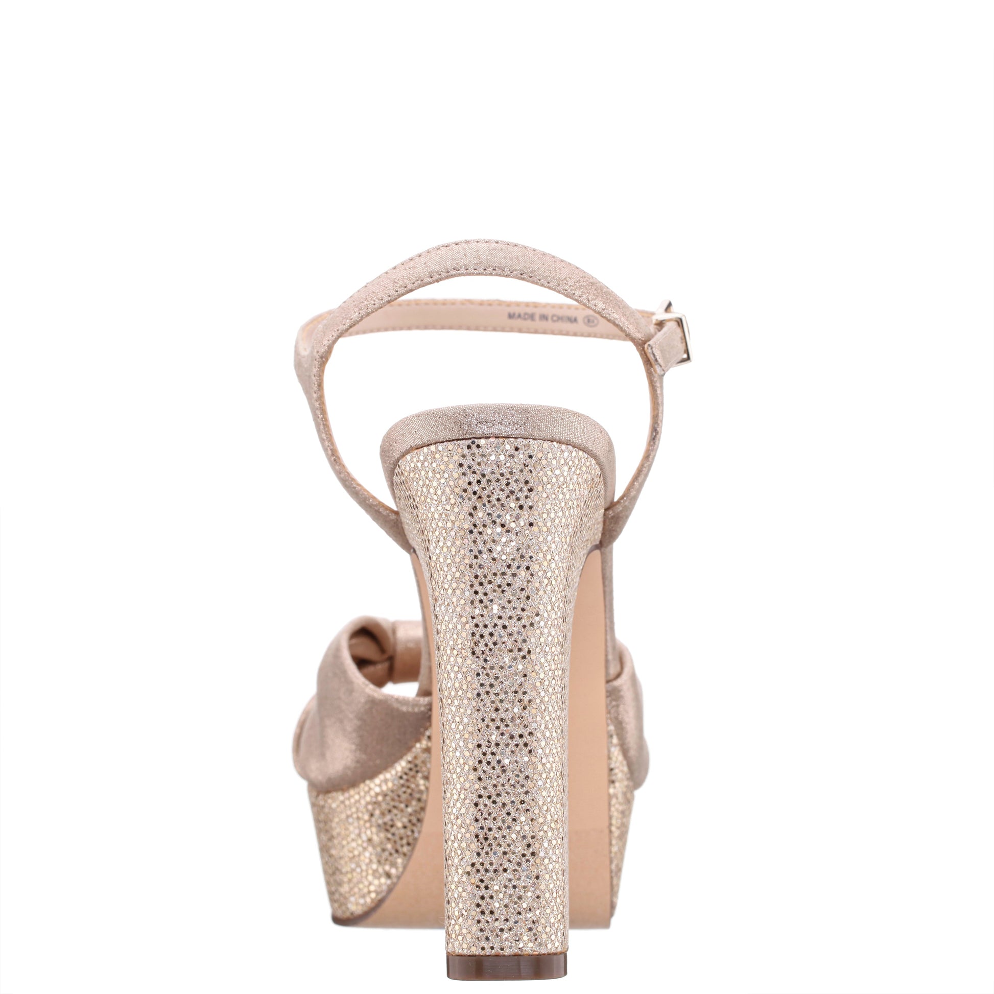 Skylynn Beige Glitter Shine Block-Heel with Platform Stiletto Beigeal with Ankle-Strap | Nina Shoes