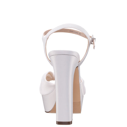 Skylynn White Satin Block-Heel with Platform Stiletto Sandal with Ankle-Strap | Nina Shoes