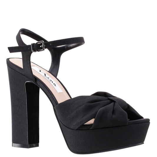 Skylynn Black Peau Block-Heel with Platform Stiletto Sandal with Ankle-Strap | Nina Shoes