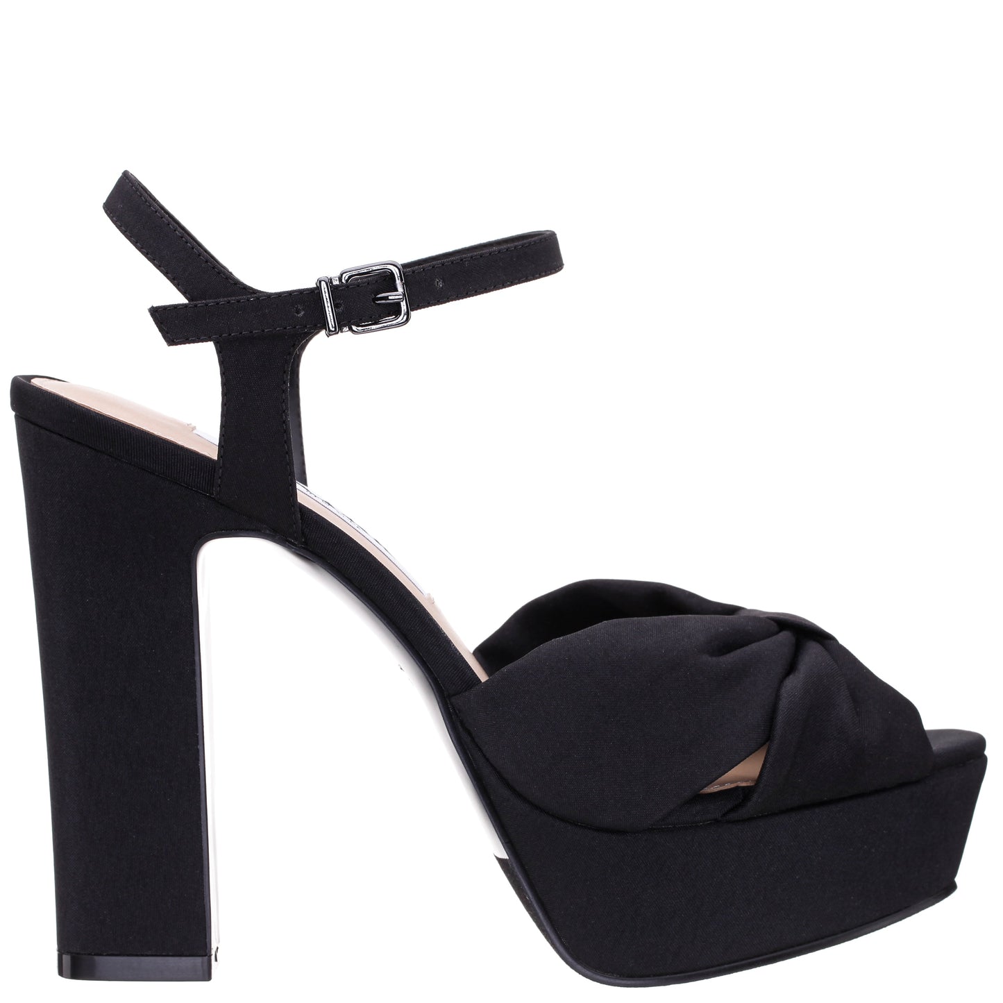 Skylynn Black Peau Block-Heel with Platform Stiletto Sandal with Ankle-Strap | Nina Shoes
