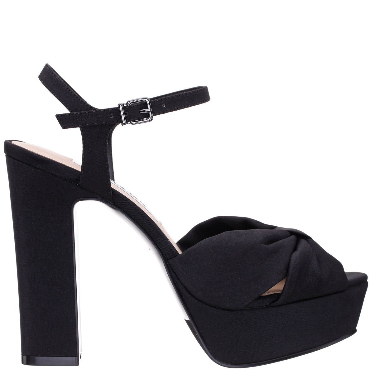 Skylynn Black Peau Block-Heel with Platform Stiletto Sandal with Ankle-Strap | Nina Shoes