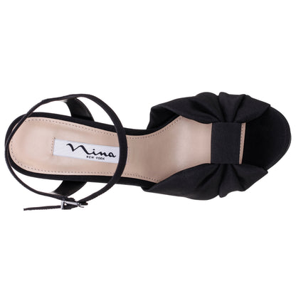 Skylynn Black Peau Block-Heel with Platform Stiletto Sandal with Ankle-Strap | Nina Shoes
