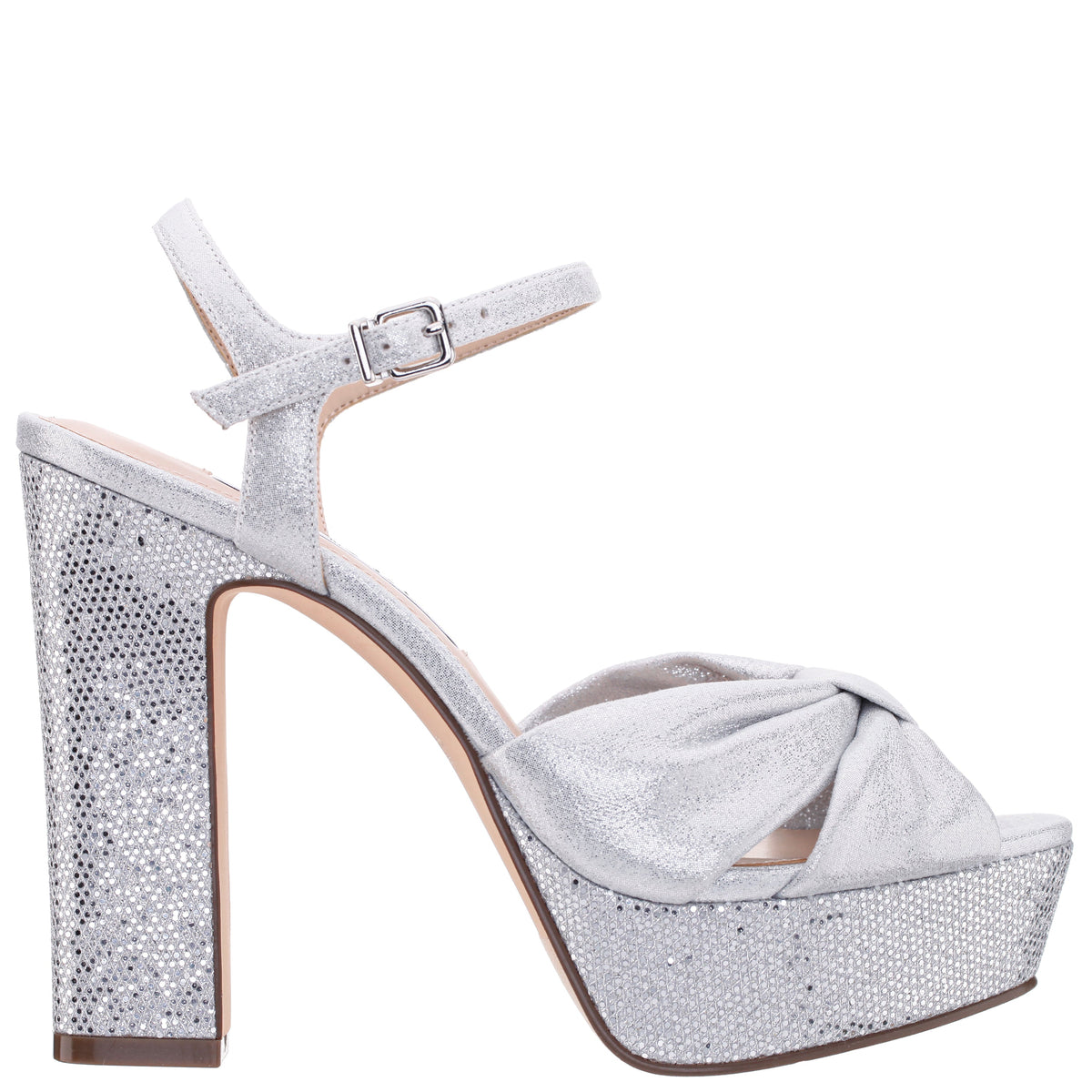 Skylynn Silver Glitter Block-Heel with Platform Stiletto Sandal with Ankle-Strap | Nina Shoes