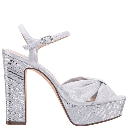 Skylynn Silver Glitter Block-Heel with Platform Stiletto Sandal with Ankle-Strap | Nina Shoes