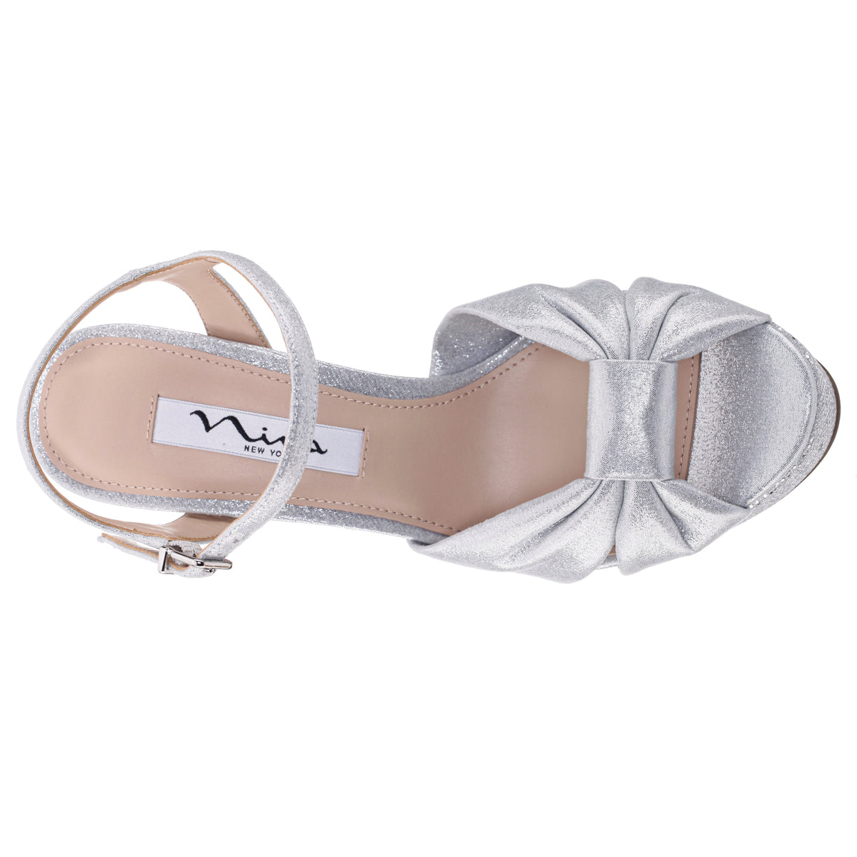 Skylynn Silver Glitter Block-Heel with Platform Stiletto Sandal with Ankle-Strap | Nina Shoes