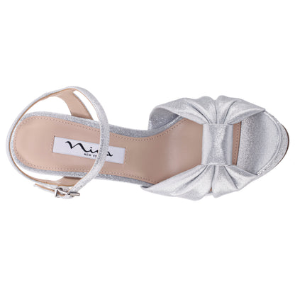 Skylynn Silver Glitter Block-Heel with Platform Stiletto Sandal with Ankle-Strap | Nina Shoes