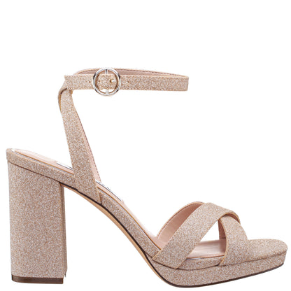 Shelia Beige Glitter Net Block-Heel Platform Sandals with Ankle-Strap | Nina Shoes