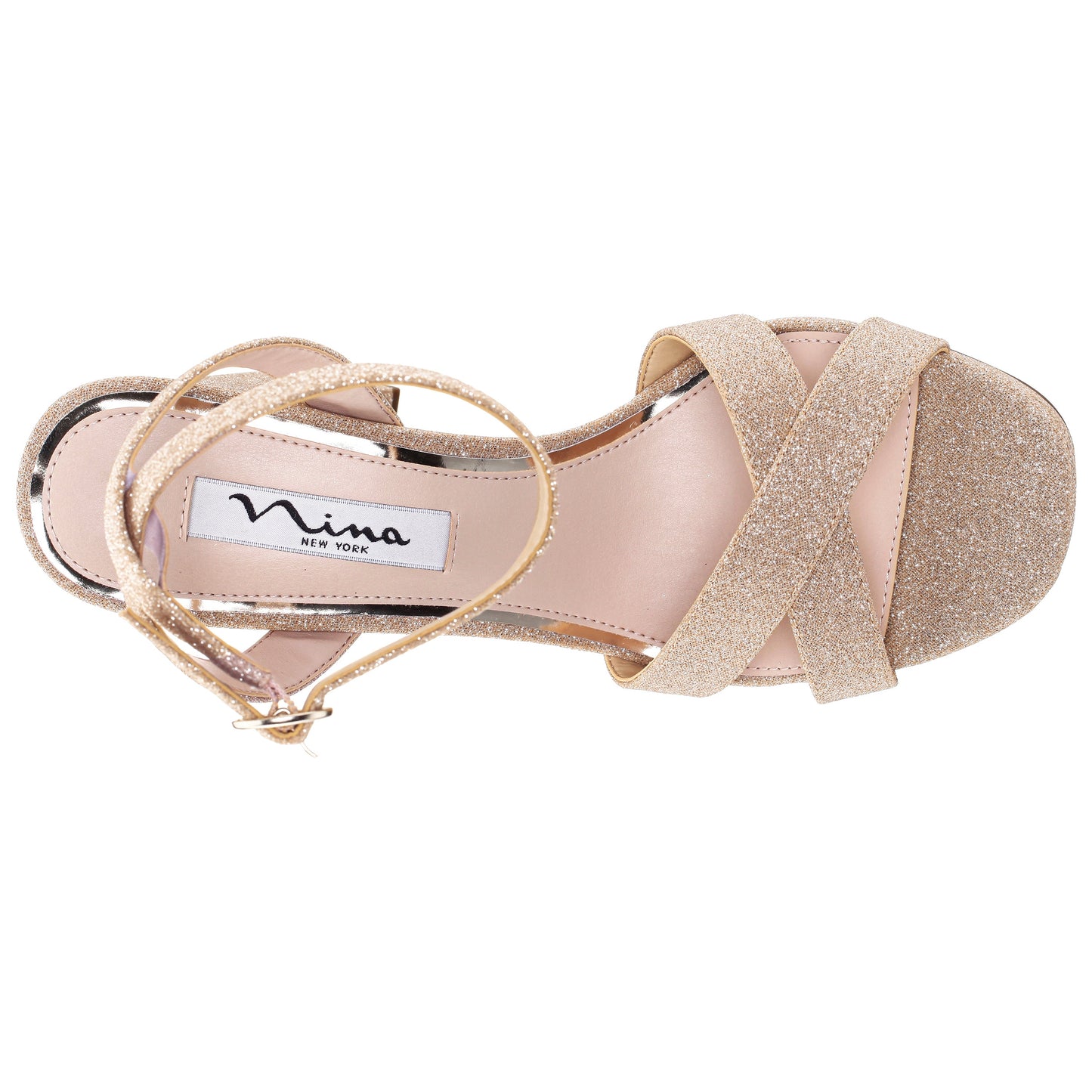 Shelia Beige Glitter Net Block-Heel Platform Sandals with Ankle-Strap | Nina Shoes