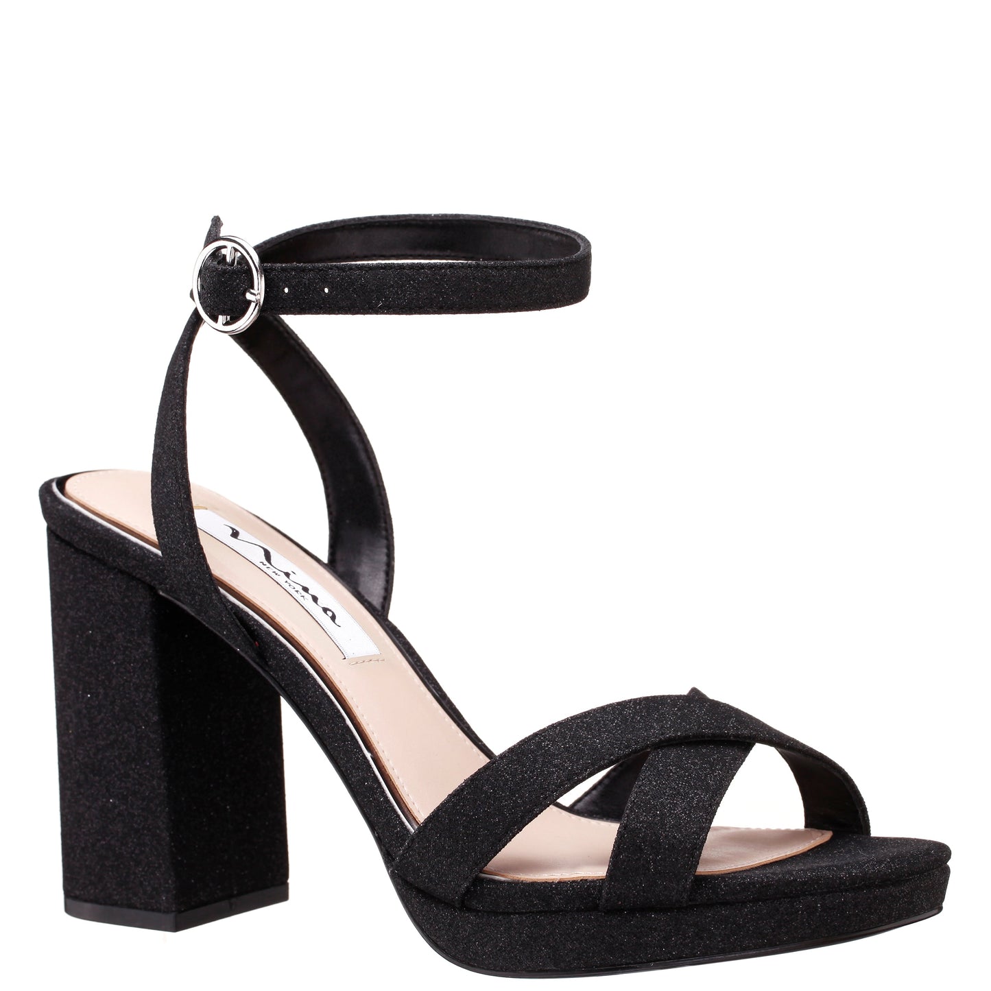 Shelia Black Glitter Net Block-Heel Platform Sandals with Ankle-Strap | Nina Shoes