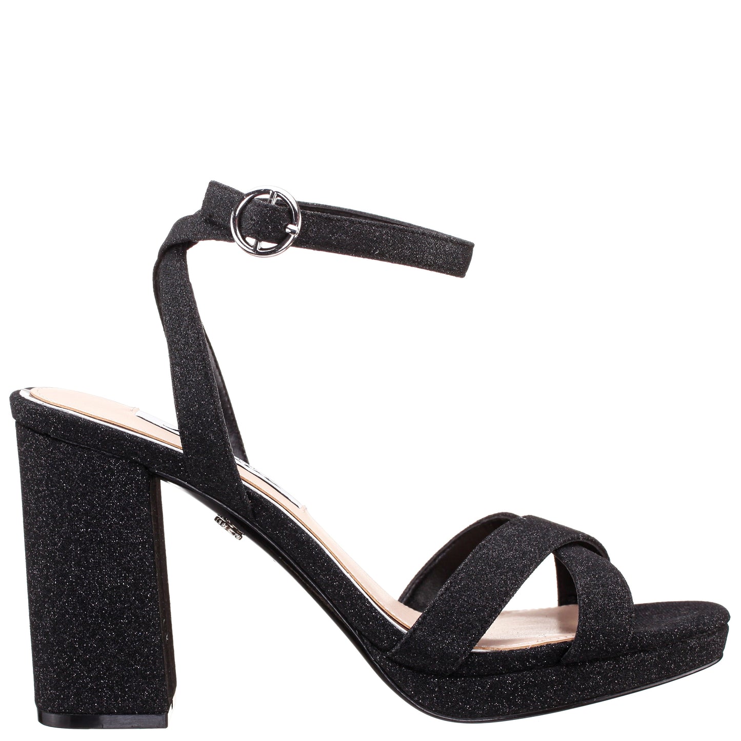 Shelia Black Glitter Net Block-Heel Platform Sandals with Ankle-Strap | Nina Shoes