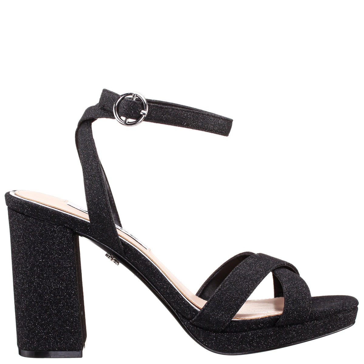 Shelia Black Glitter Net Block-Heel Platform Sandals with Ankle-Strap | Nina Shoes