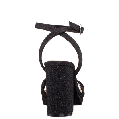 Shelia Black Glitter Net Block-Heel Platform Sandals with Ankle-Strap | Nina Shoes