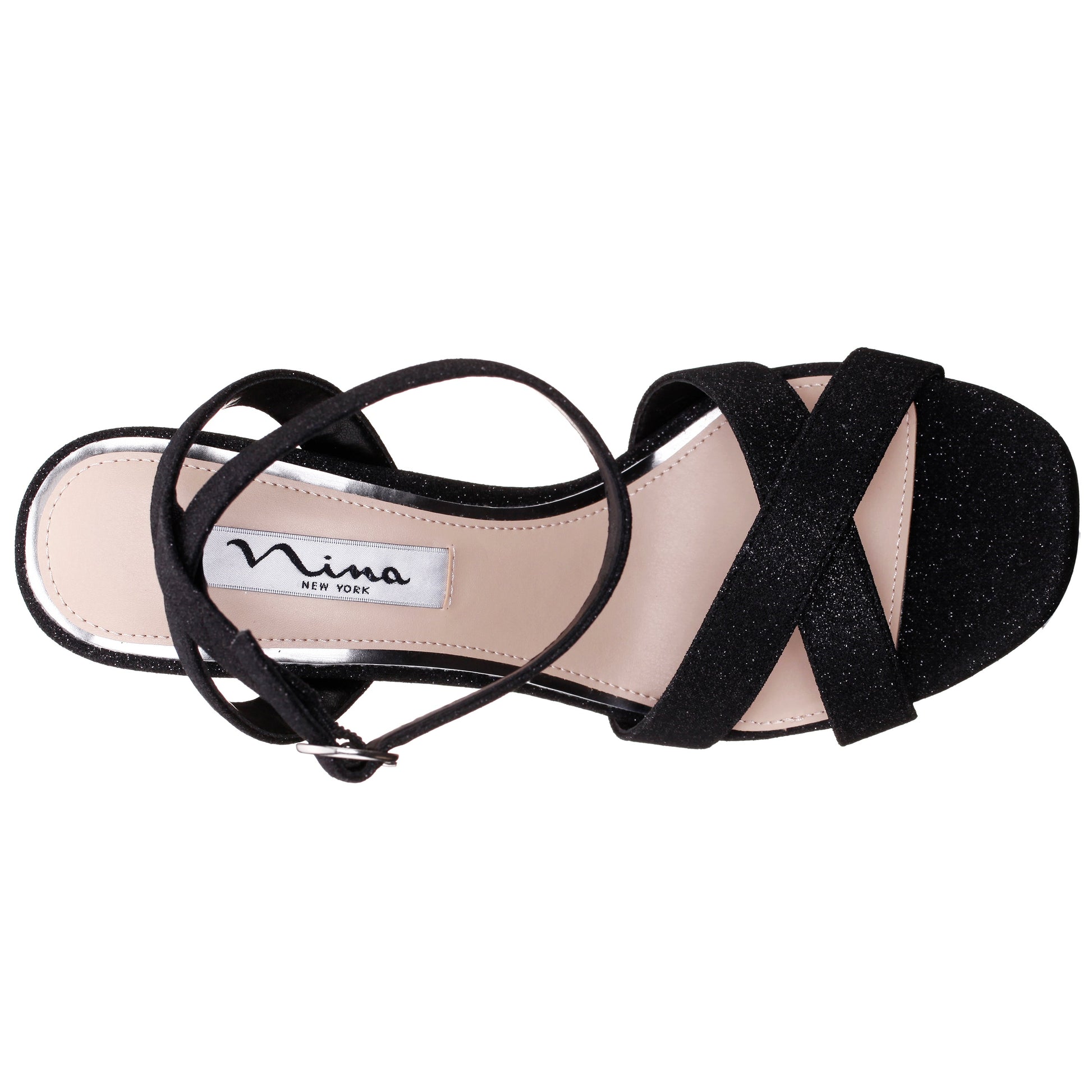 Shelia Black Glitter Net Block-Heel Platform Sandals with Ankle-Strap | Nina Shoes