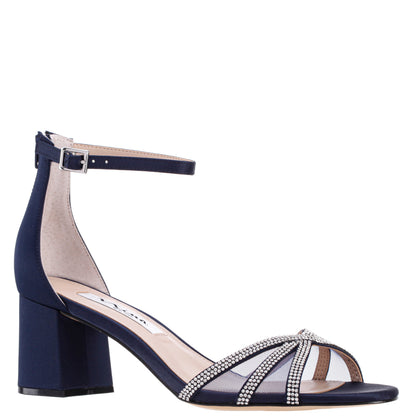 Brooke Blue Satin Block-Heel Sandals with Ankle-Straps and Crystal Bands | Nina Shoes