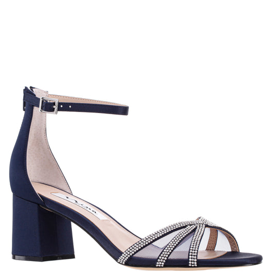 Brooke Blue Satin Block-Heel Sandals with Ankle-Straps and Crystal Bands | Nina Shoes
