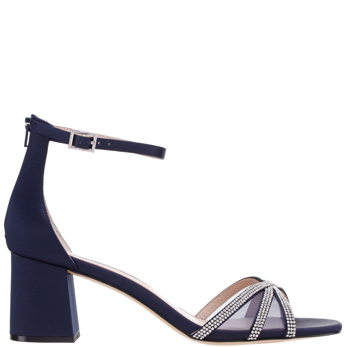 Brooke Blue Satin Block-Heel Sandals with Ankle-Straps and Crystal Bands | Nina Shoes