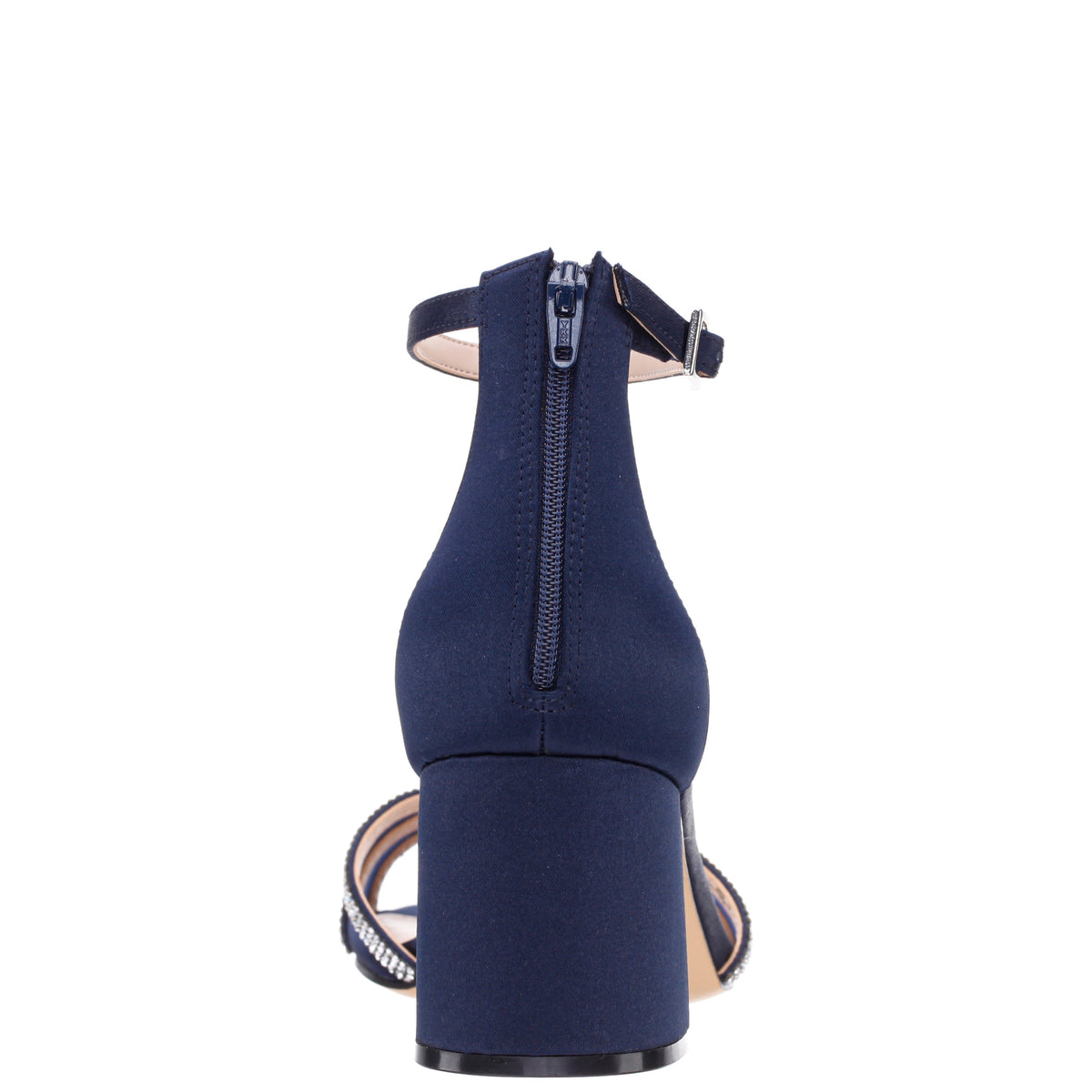Brooke Blue Satin Block-Heel Sandals with Ankle-Straps and Crystal Bands | Nina Shoes