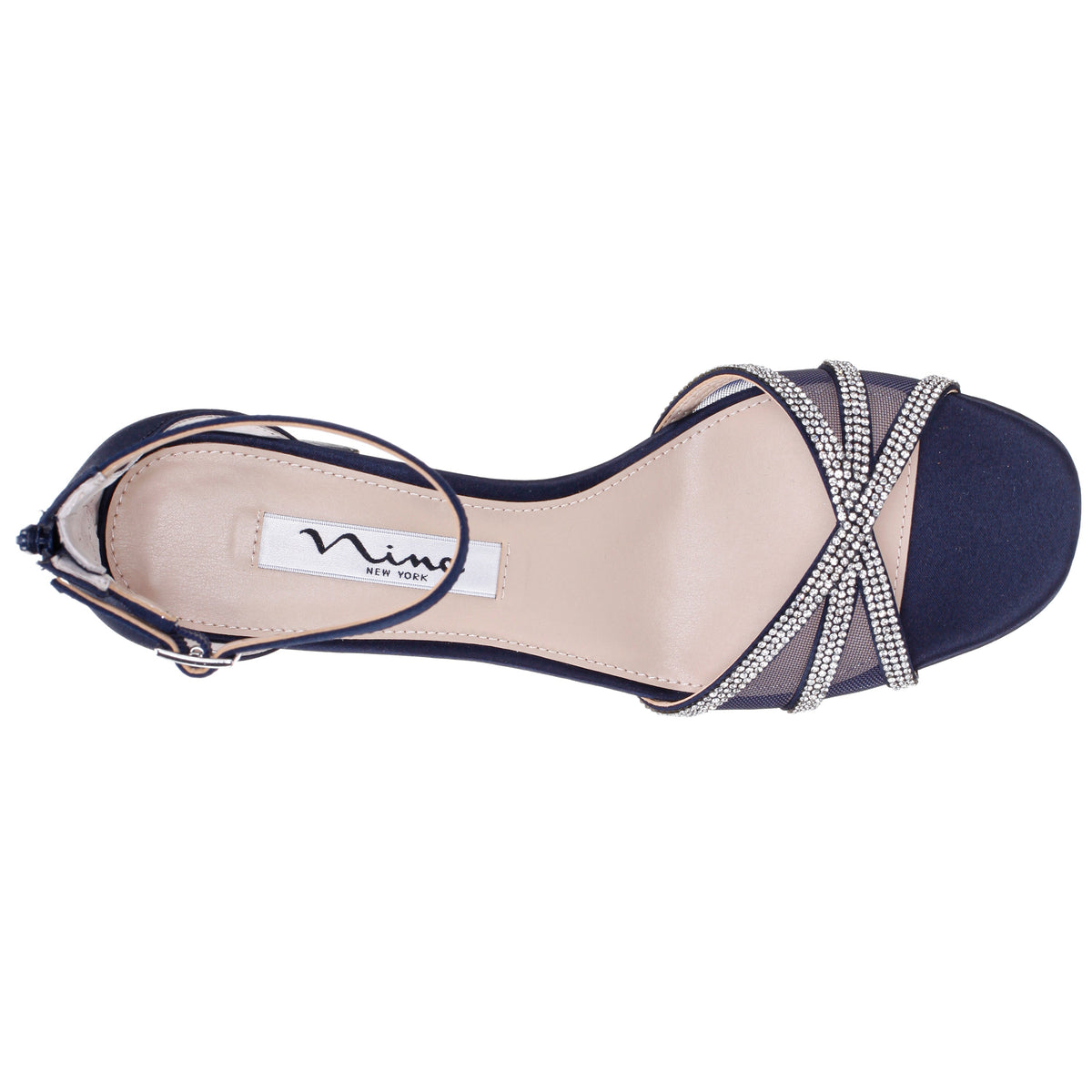 Brooke Blue Satin Block-Heel Sandals with Ankle-Straps and Crystal Bands | Nina Shoes