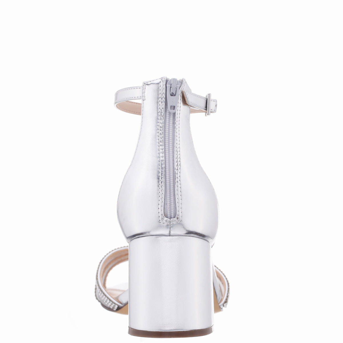 Brooke Silver Metallic Foil Block-Heel Sandals with Ankle-Straps and Crystal Bands | Nina Shoes