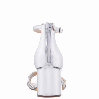 Brooke Silver Metallic Foil Block-Heel Sandals with Ankle-Straps and Crystal Bands | Nina Shoes
