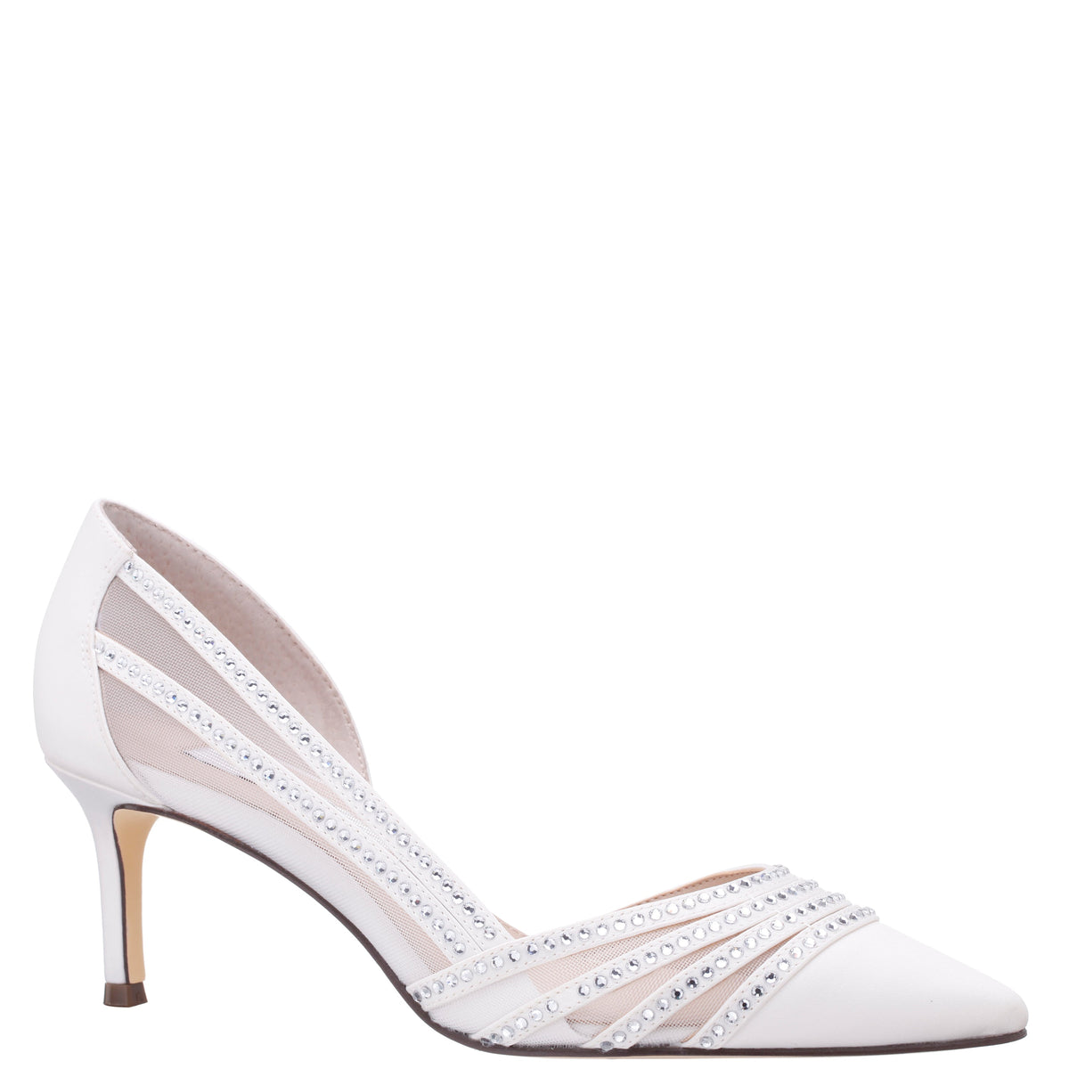 Noreen White Satin with Crystals Mid-Heel D'Orsay Pumps with Pointed-Toe | Nina Shoes