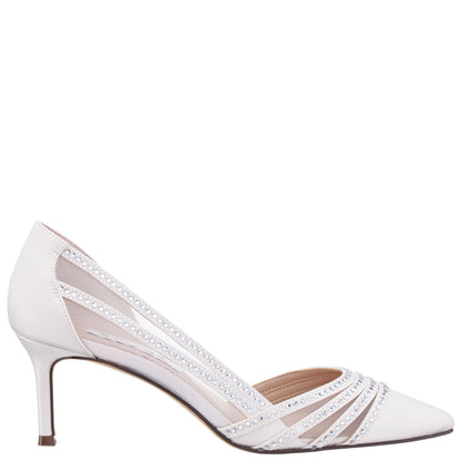 Noreen White Satin with Crystals Mid-Heel D'Orsay Pumps with Pointed-Toe | Nina Shoes