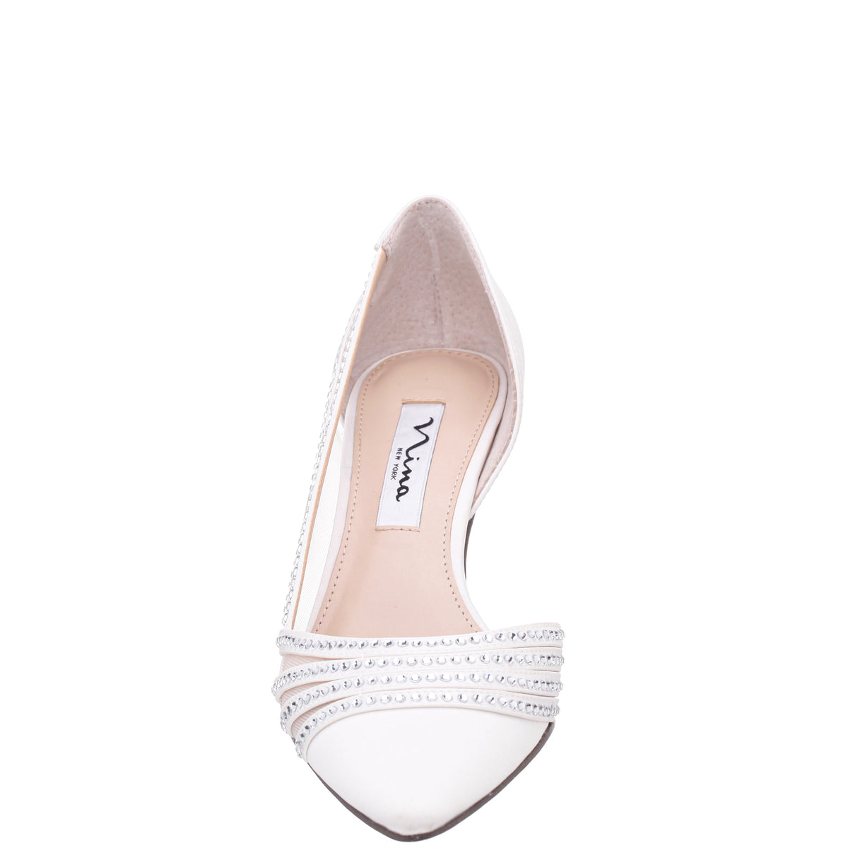 Noreen White Satin with Crystals Mid-Heel D'Orsay Pumps with Pointed-Toe | Nina Shoes