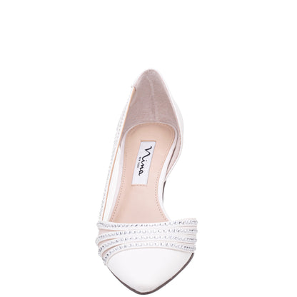 Noreen White Satin with Crystals Mid-Heel D'Orsay Pumps with Pointed-Toe | Nina Shoes