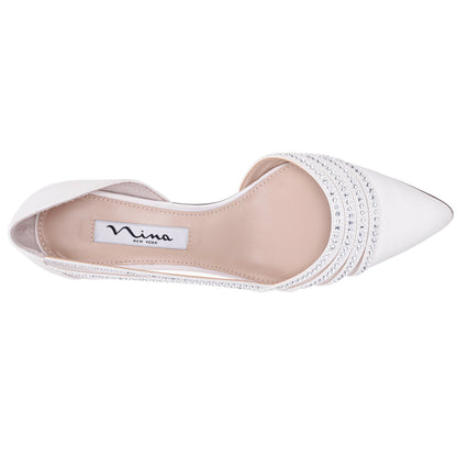 Noreen White Satin with Crystals Mid-Heel D'Orsay Pumps with Pointed-Toe | Nina Shoes