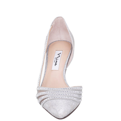 Noreen Silver Glitter with Crystals Mid-Heel D'Orsay Pumps with Pointed-Toe | Nina Shoes
