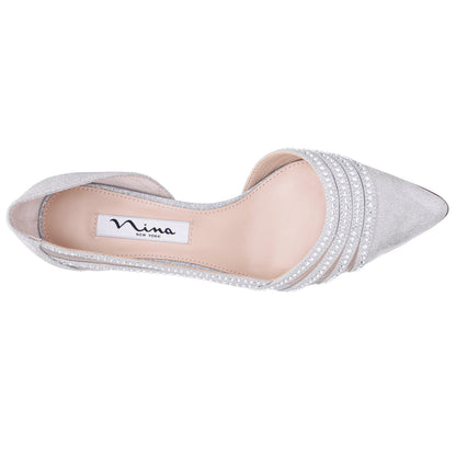 Noreen Silver Glitter with Crystals Mid-Heel D'Orsay Pumps with Pointed-Toe | Nina Shoes
