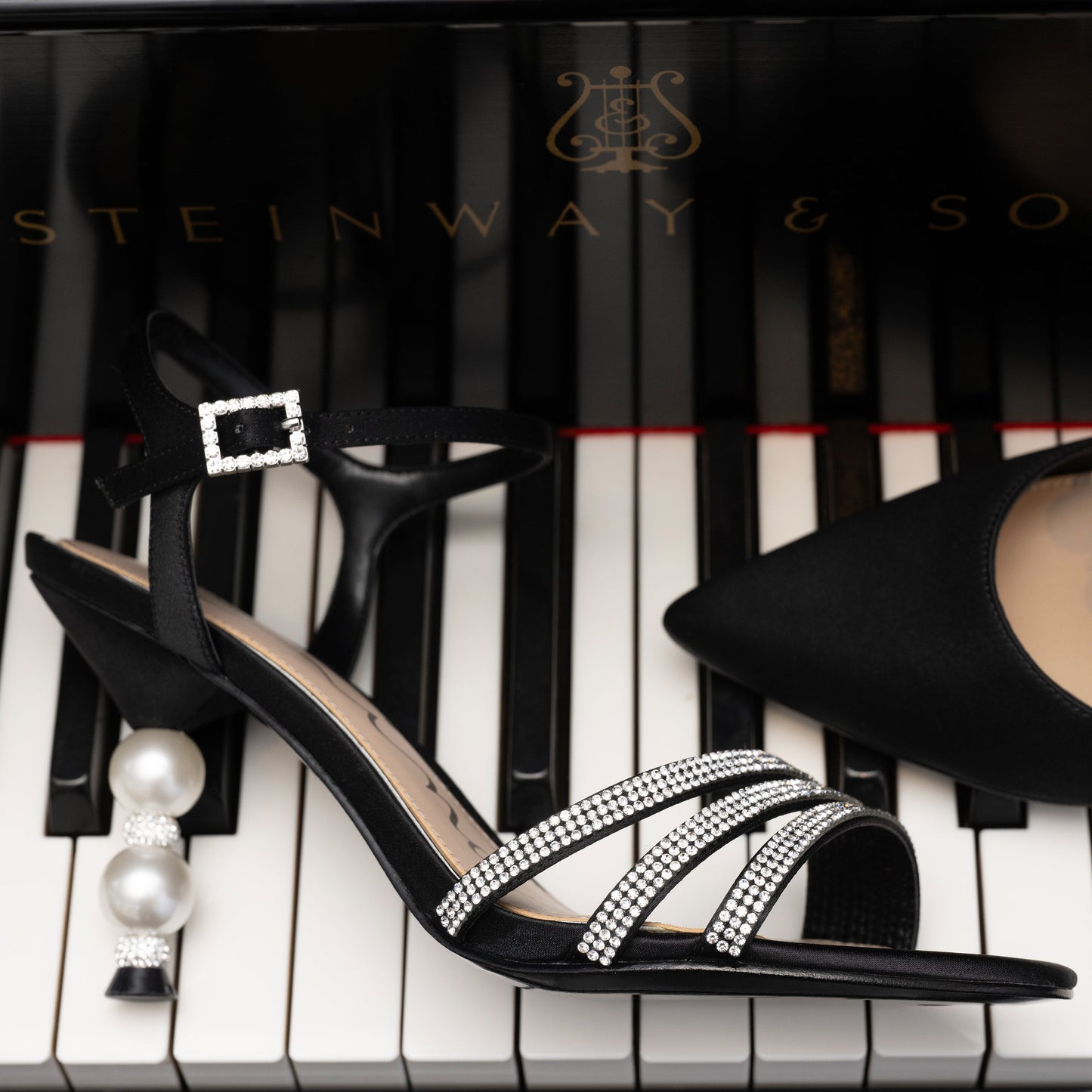 Veera Black Satin with Crystals and Pearls High-Heel Sandals with Jeweled Ankle-Strap | Nina Shoes