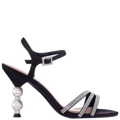 Veera Black Satin with Crystals and Pearls High-Heel Sandals with Jeweled Ankle-Strap | Nina Shoes