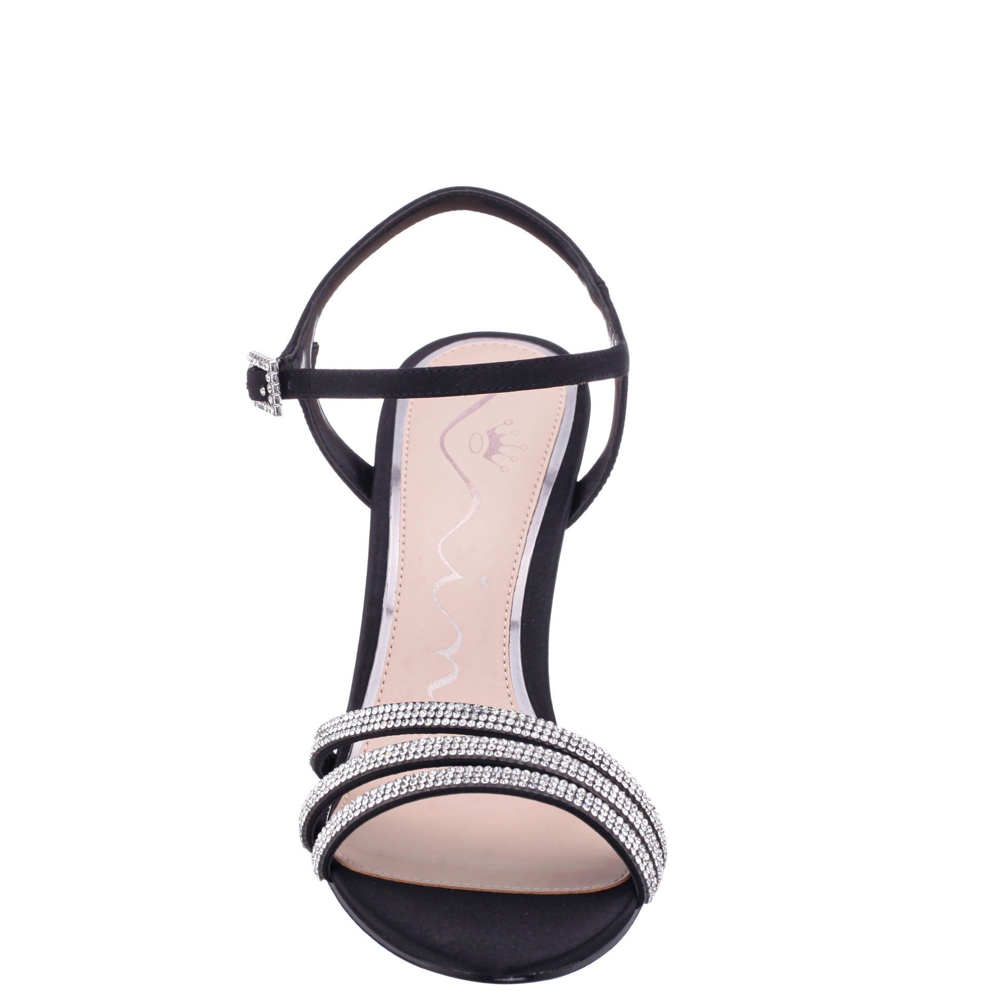 Veera Black Satin with Crystals and Pearls High-Heel Sandals with Jeweled Ankle-Strap | Nina Shoes