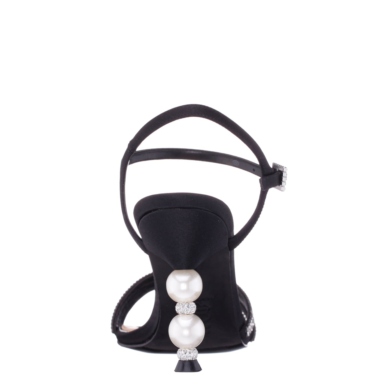 Veera Black Satin with Crystals and Pearls High-Heel Sandals with Jeweled Ankle-Strap | Nina Shoes