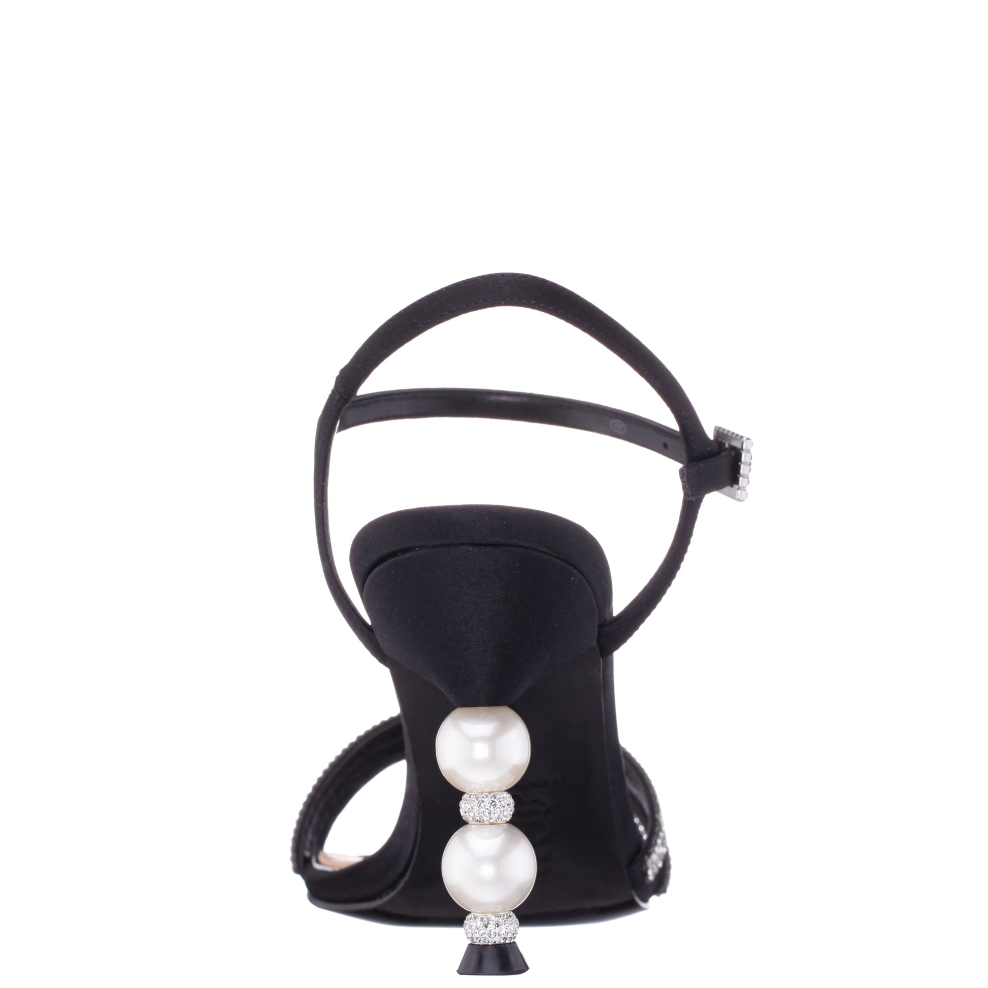 Veera Black Satin with Crystals and Pearls High-Heel Sandals with Jeweled Ankle-Strap | Nina Shoes