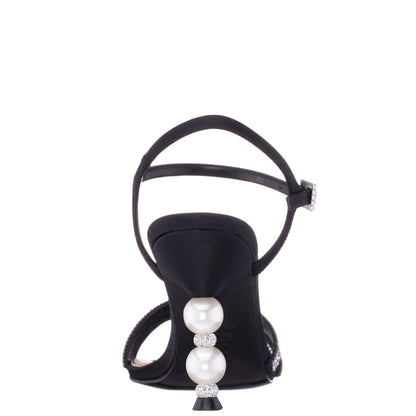 Veera Black Satin with Crystals and Pearls High-Heel Sandals with Jeweled Ankle-Strap | Nina Shoes