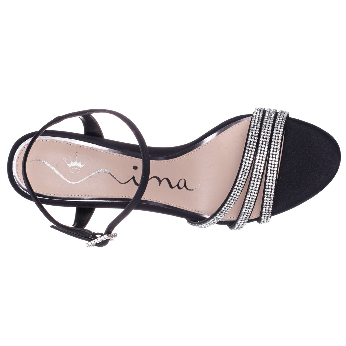 Veera Black Satin with Crystals and Pearls High-Heel Sandals with Jeweled Ankle-Strap | Nina Shoes
