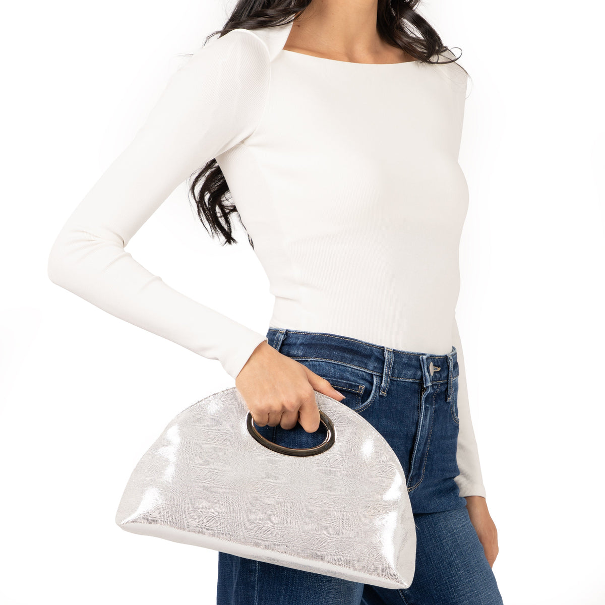 Jael Silver Metallic Geo Swirl Fabric Handle Bag | Nina Shoes