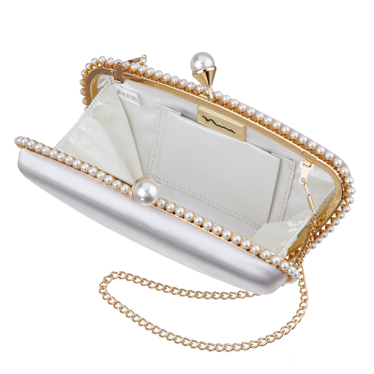 Goddess Beige Satin / Plastic Pearl Minaudiere | Nina Shoes