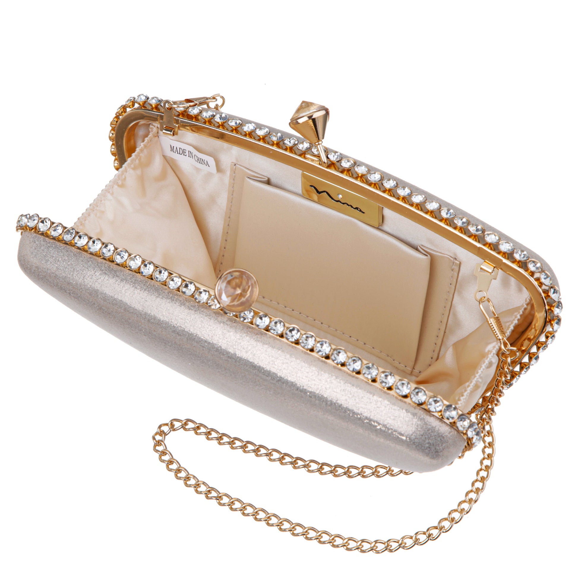 Goddess Platino Reflective Suedette / Glass Crystal Minaudiere | Nina Shoes