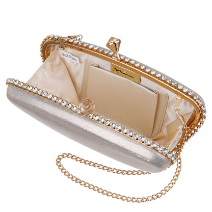Goddess Platino Reflective Suedette / Glass Crystal Minaudiere | Nina Shoes