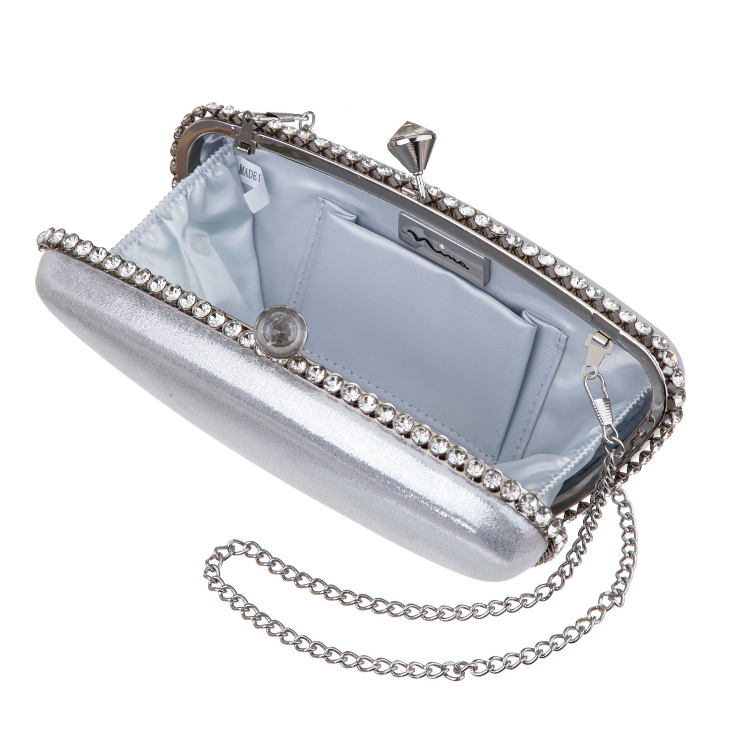 Goddess True Silver Reflective Suedette / Glass Crystal Minaudiere | Nina Shoes