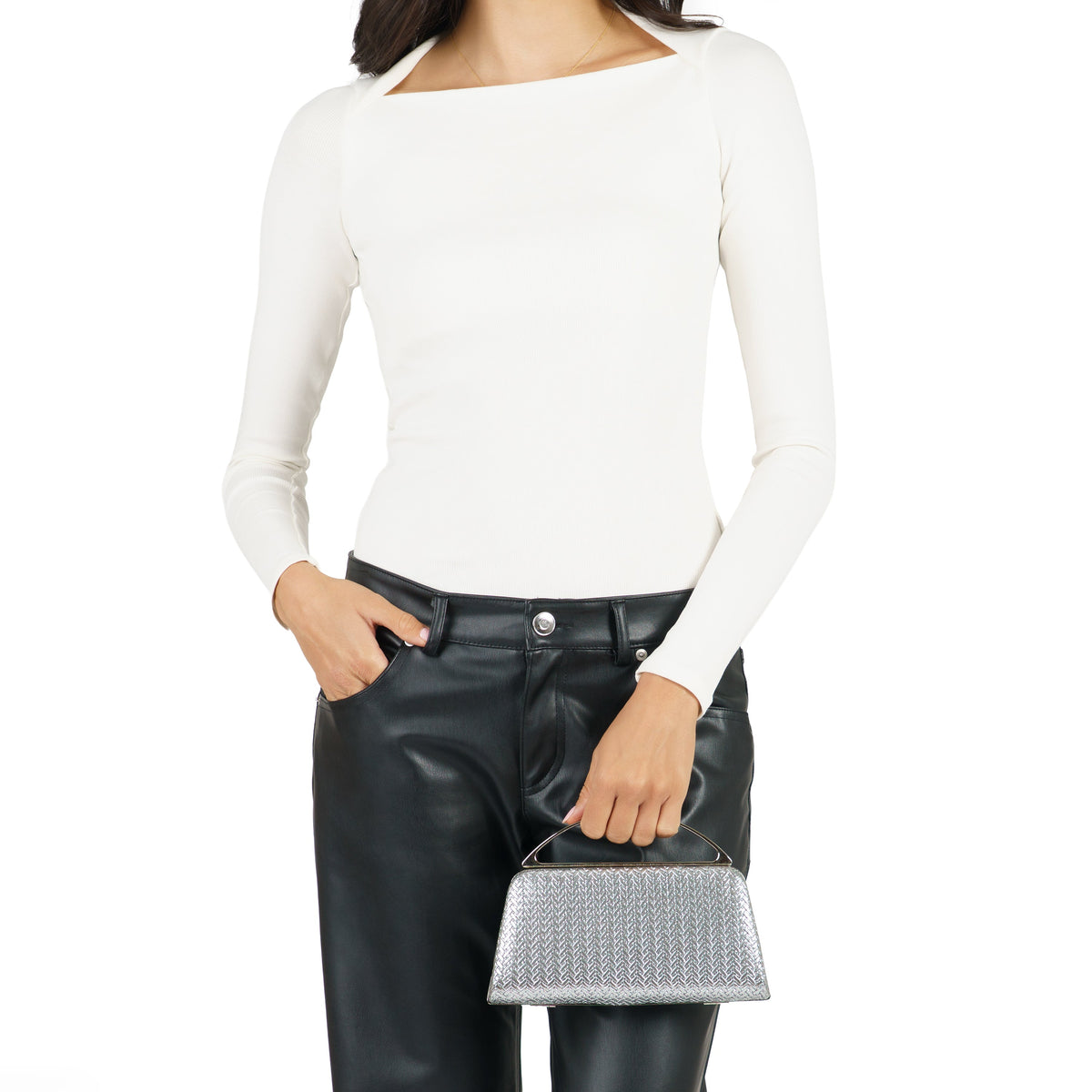 Genesis-G Antique Silver Metallic Faux Weave Box Bag | Nina Shoes