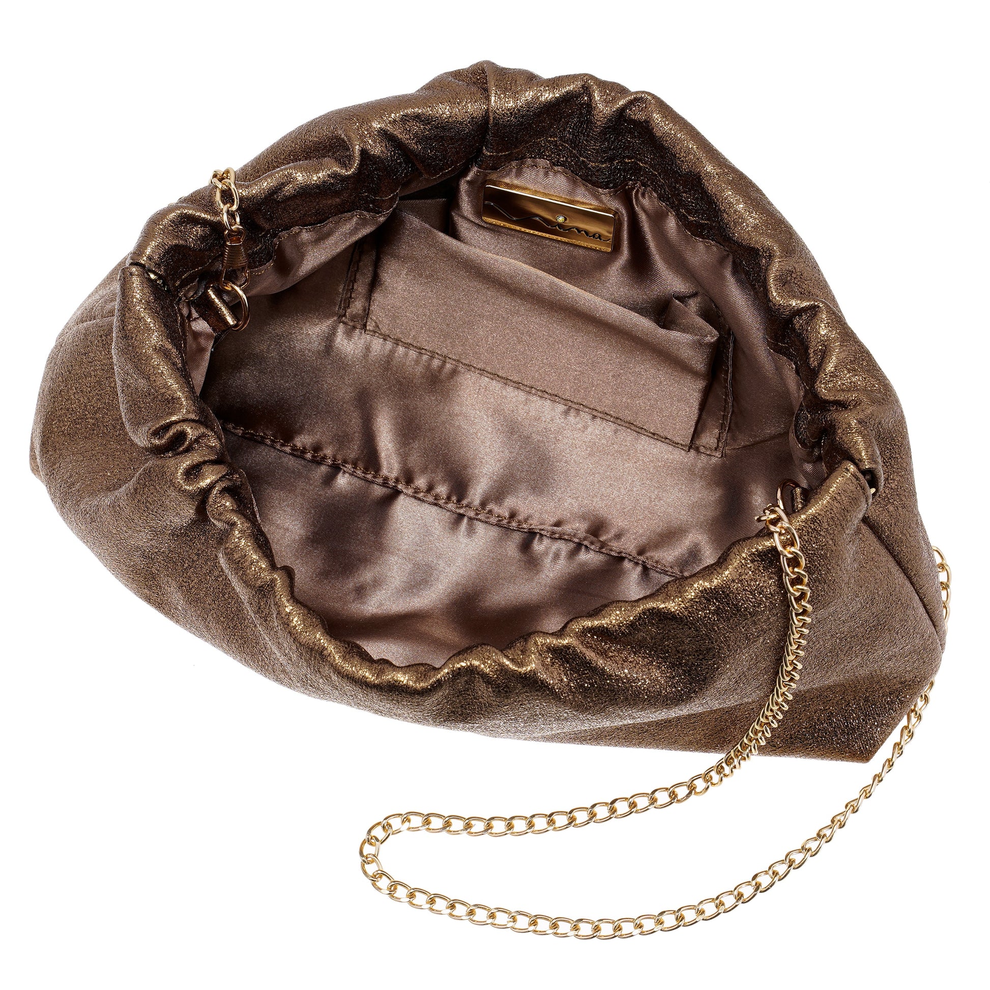 Thea-T Brown Stellarglow Fabric Frame Clutch | Nina Shoes